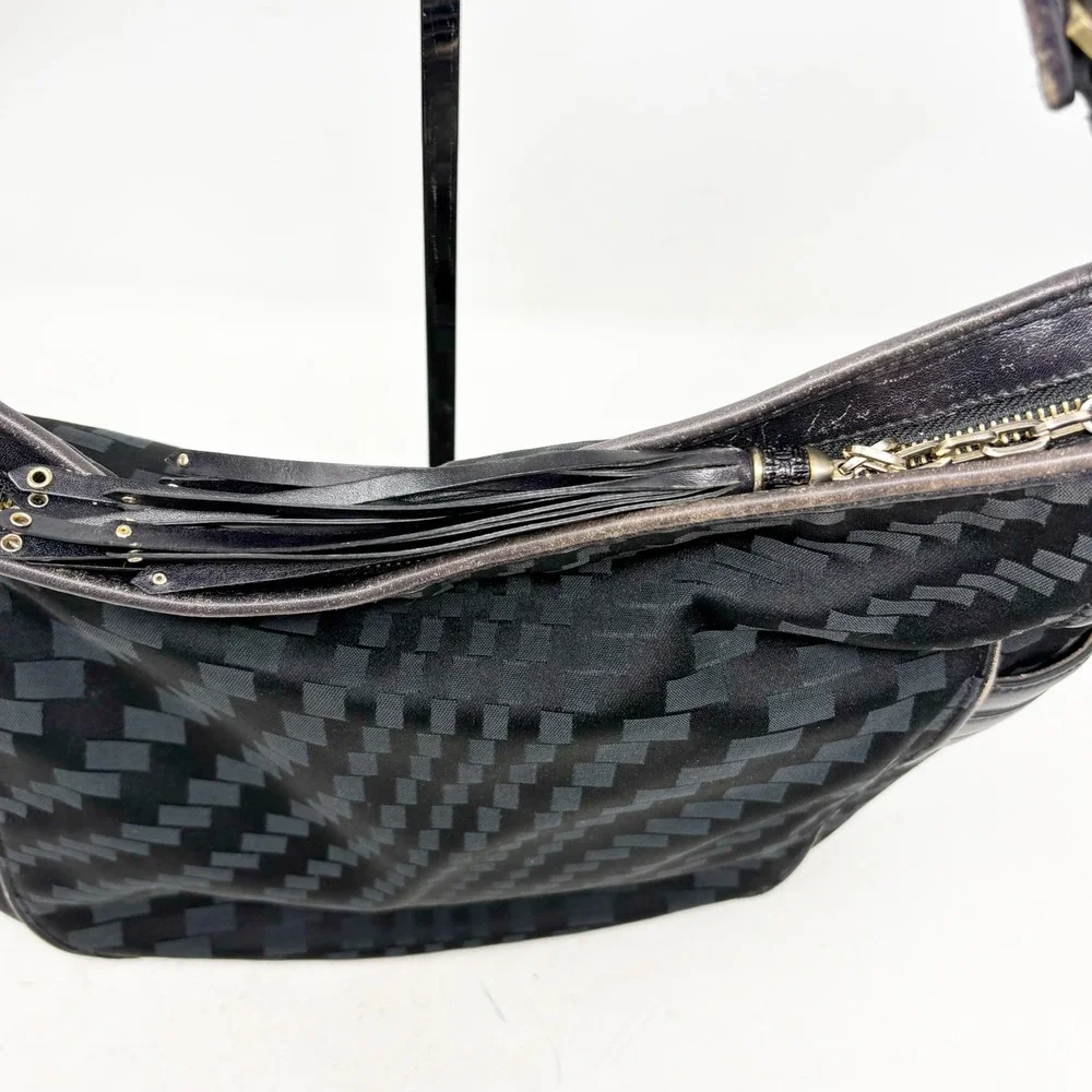 Cole Haan Black Checkered Fabric Leather Hobo Bag Tassel Gold Hardware